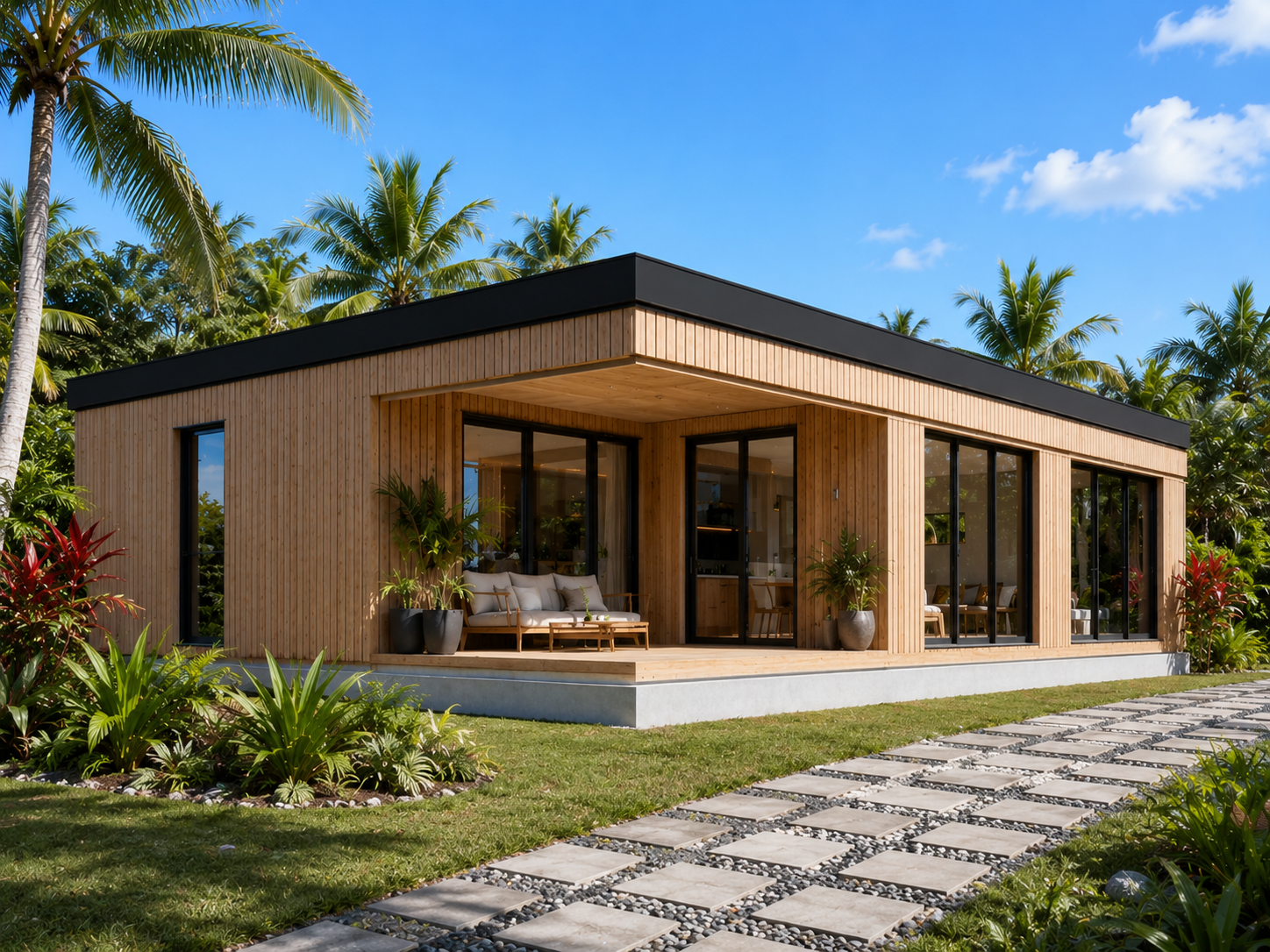 Bungalow sur semelles en béton armé, terrain plat