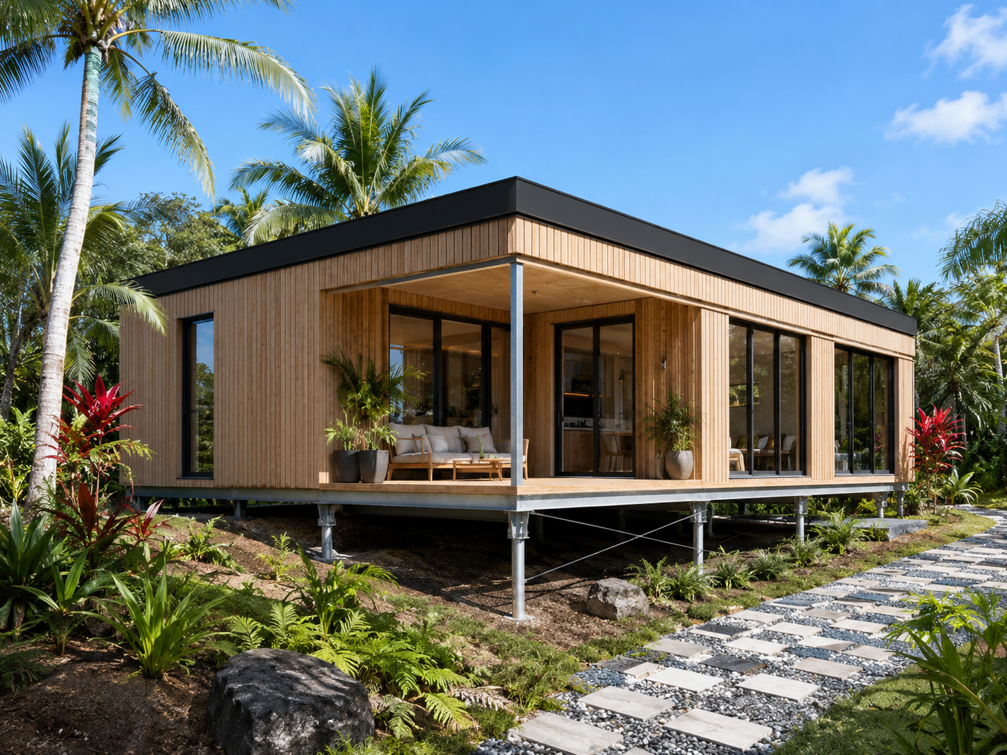 Bungalow sur pieux métalliques galvanisés, vide ventilé sous plancher