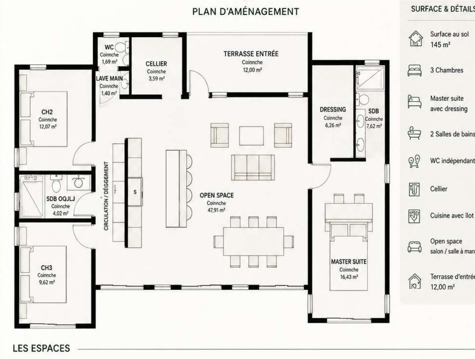Plan d'aménagement de la Villa Éden 148 m²
